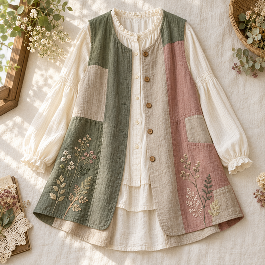 Mori Kei long patchwork vest in moss, oatmeal, and dusty rose with botanical embroidery
