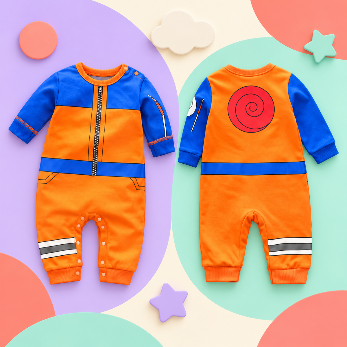 Front and back views of the orange and blue Shinobi baby onesie
