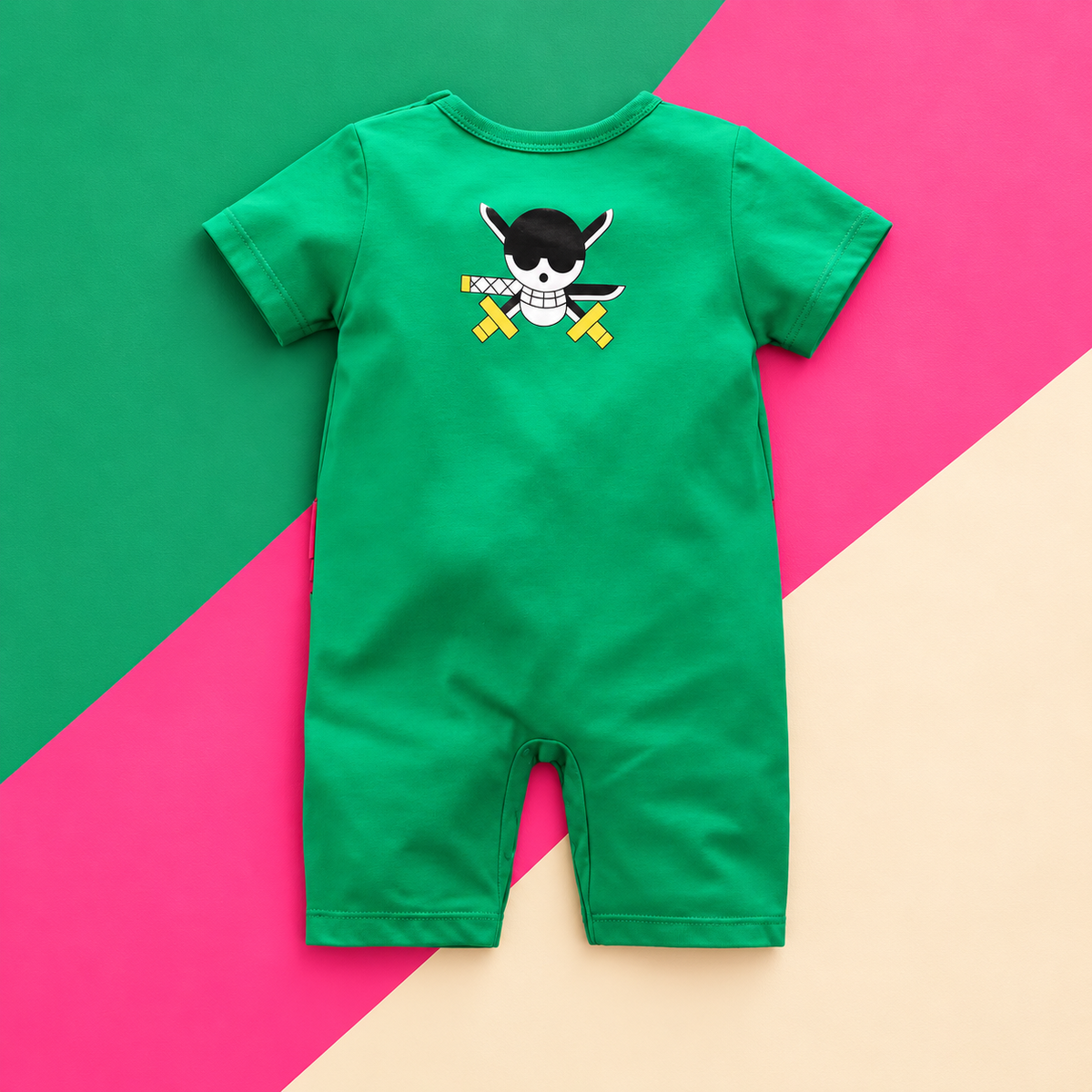 Back of green Zoro-inspired knee-length romper with skull-and-swords emblem