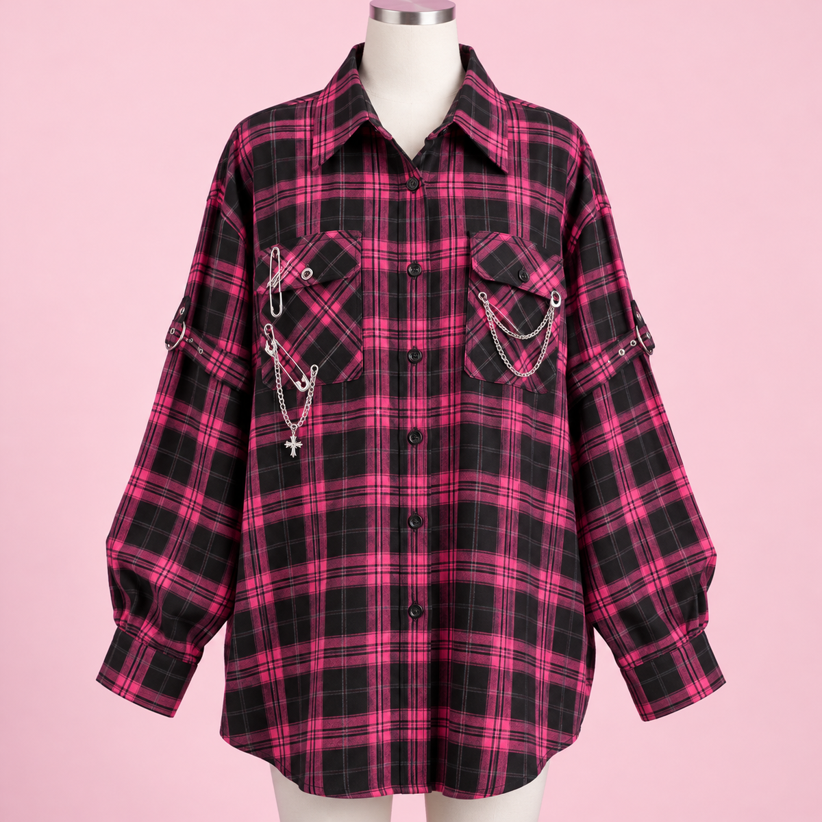 Black and hot-pink plaid oversized Gyaru shirt with chain accents