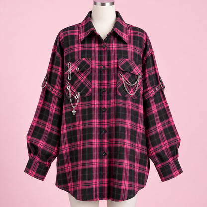 Black and hot-pink plaid oversized Gyaru shirt with chain accents
