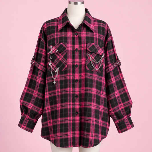 Black and hot-pink plaid oversized Gyaru shirt with chain accents