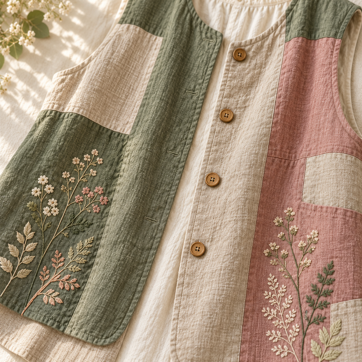 Detail of Mori Kei patchwork vest buttons and floral embroidery
