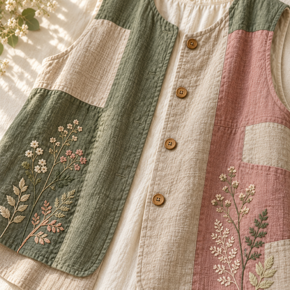 Detail of Mori Kei patchwork vest buttons and floral embroidery