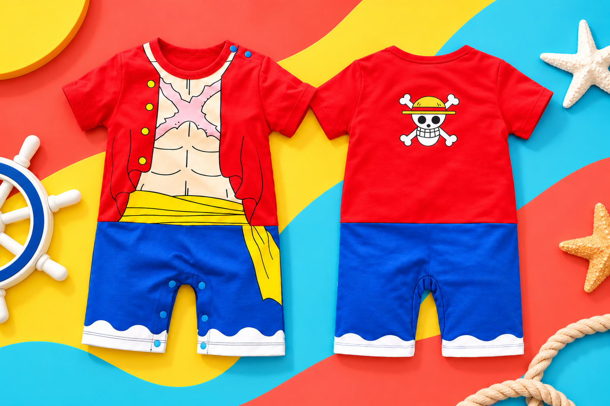 Front and back views of the Luffy-inspired baby romper in a vibrant color-block studio