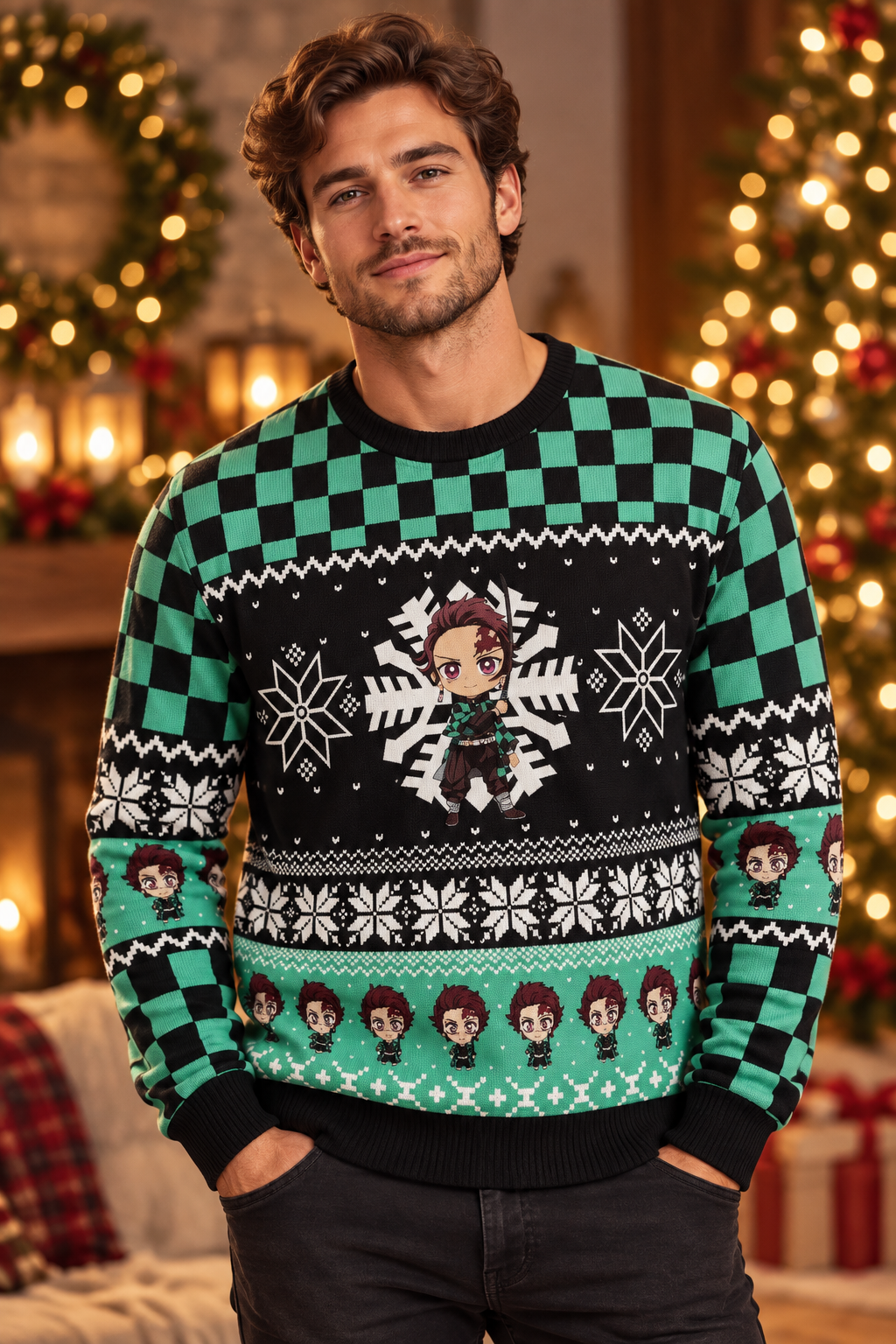Tanjiro Christmas sweater worn in a professional holiday studio photoshoot