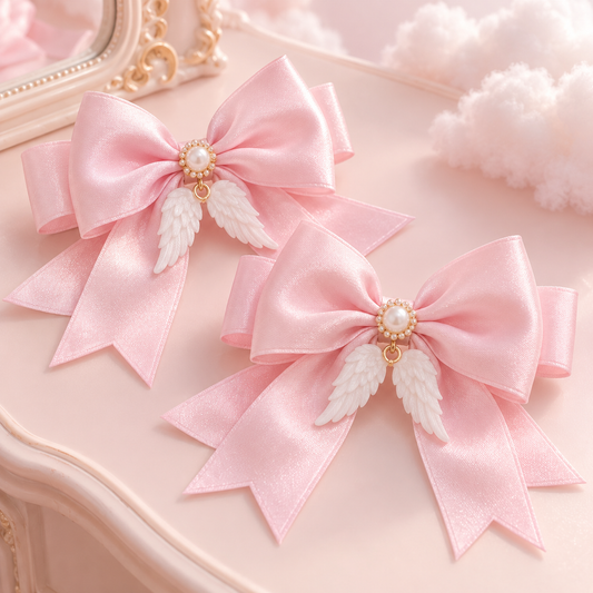 Pair of pastel pink ribbon hair clips with pearl centers and wing charms