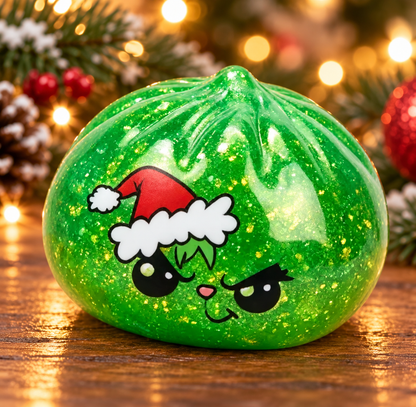 Grumpy Christmas Dumpling Squishy on a festive tabletop