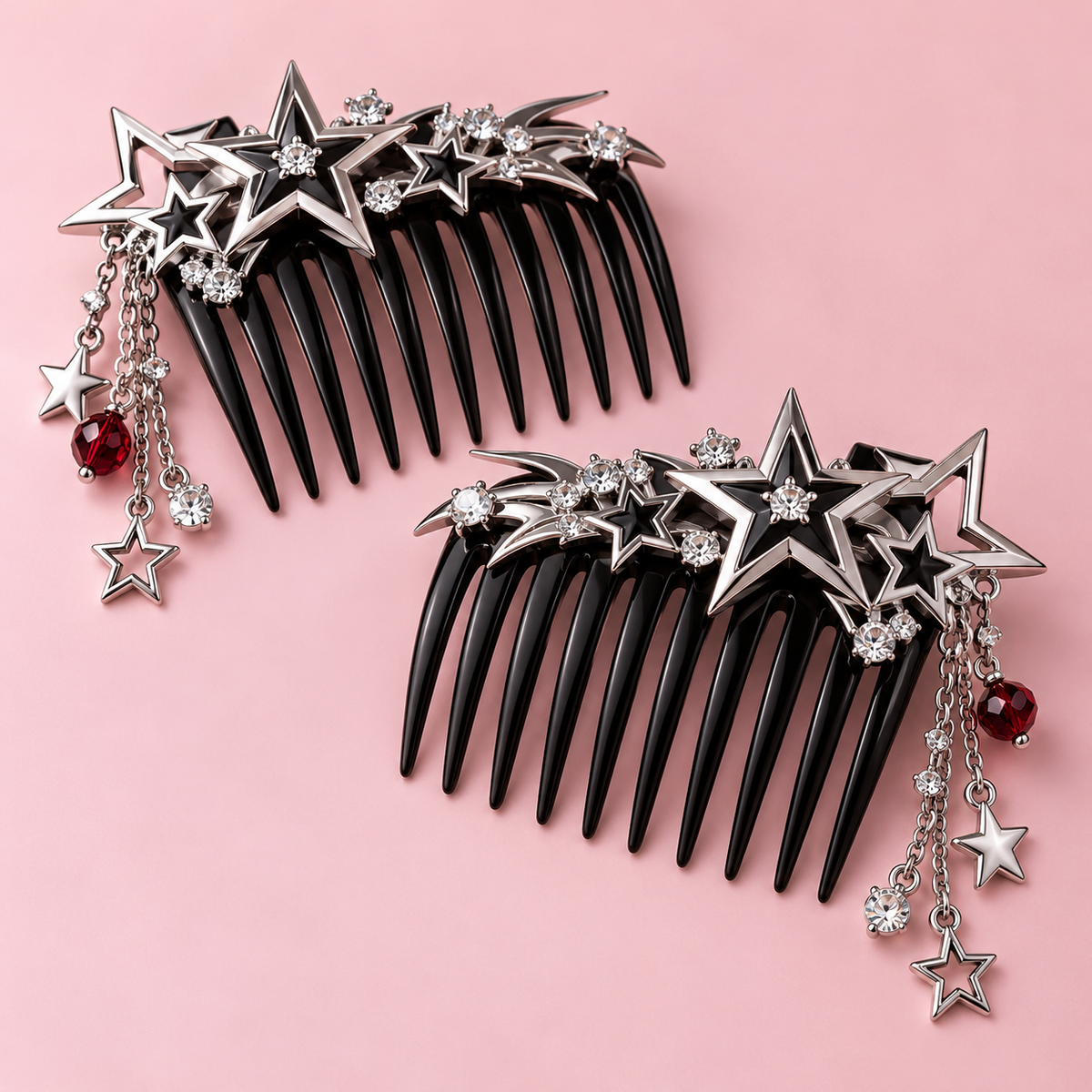 Pair of black Gyaru hair combs with silver stars and crimson accents