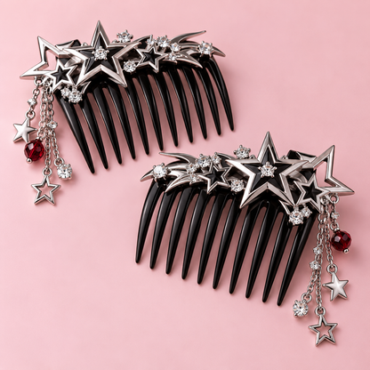 Pair of black Gyaru hair combs with silver stars and crimson accents