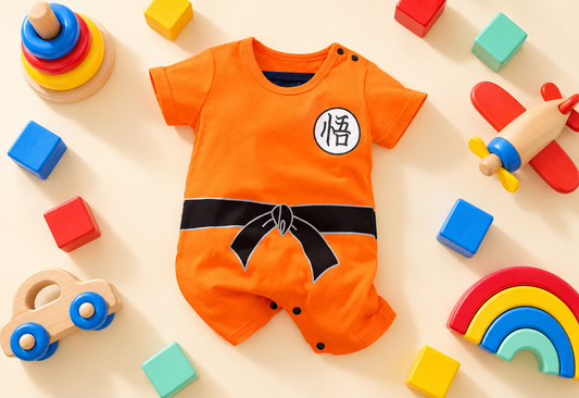 Bright orange Saiyan baby romper flat lay with colorful blocks