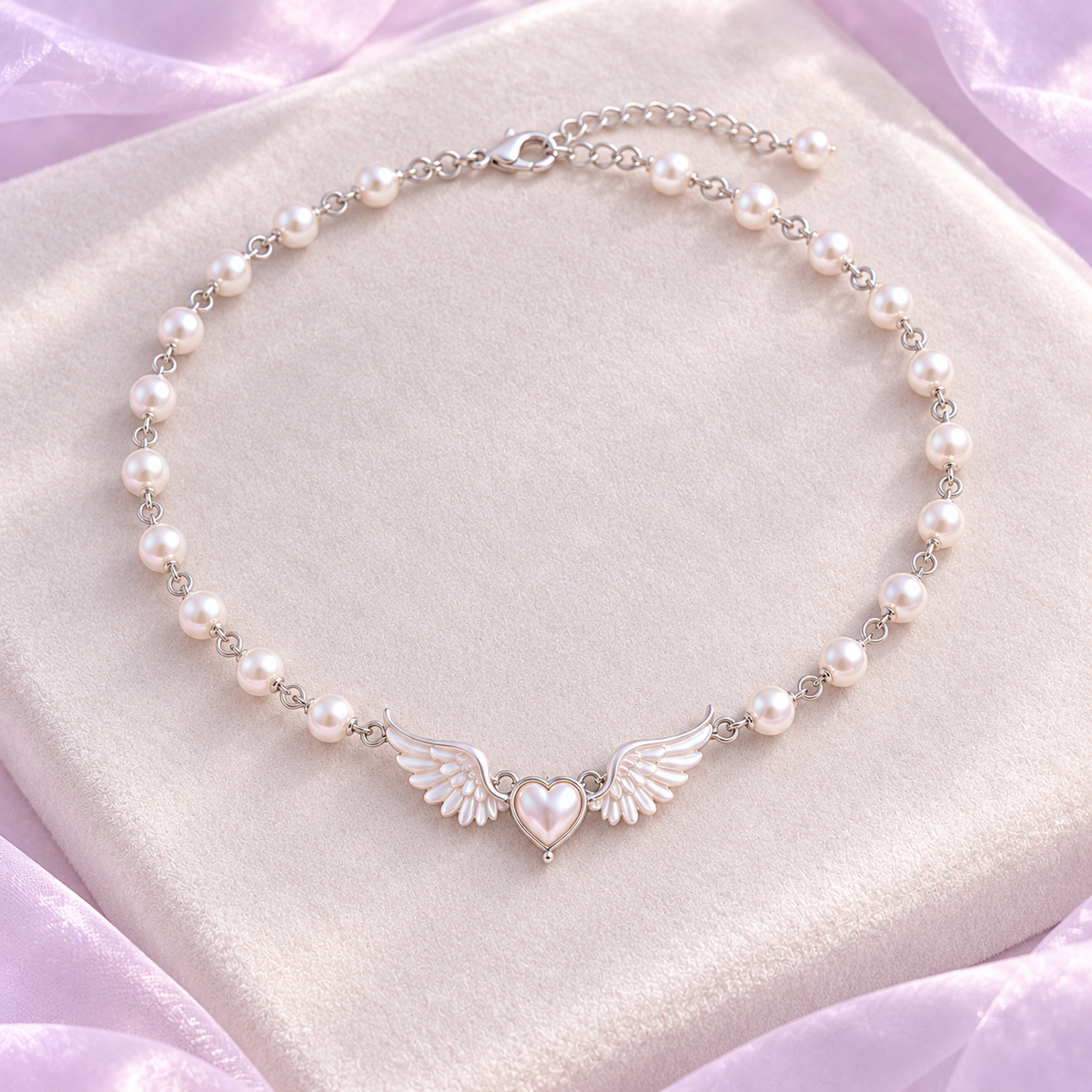Top-down view of the angel wing pearl choker arranged on velvet