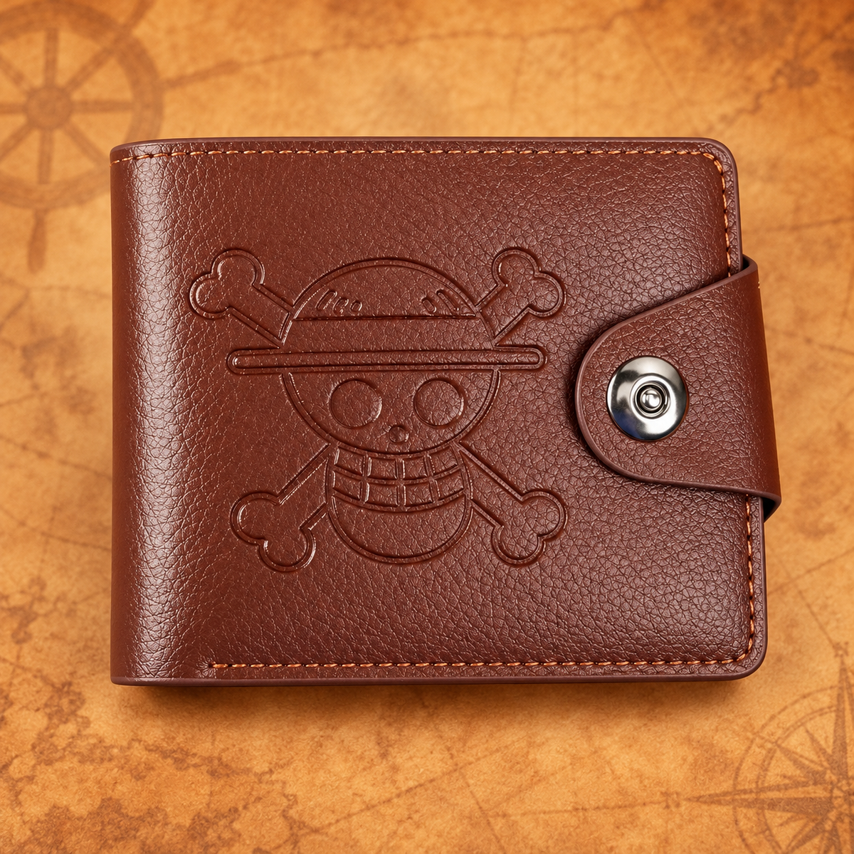 Dark brown Straw Hat Pirates Wallet with embossed emblem and snap closure