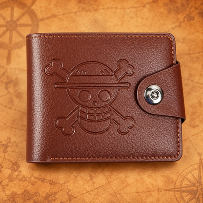 Dark brown Straw Hat Pirates Wallet with embossed emblem and snap closure