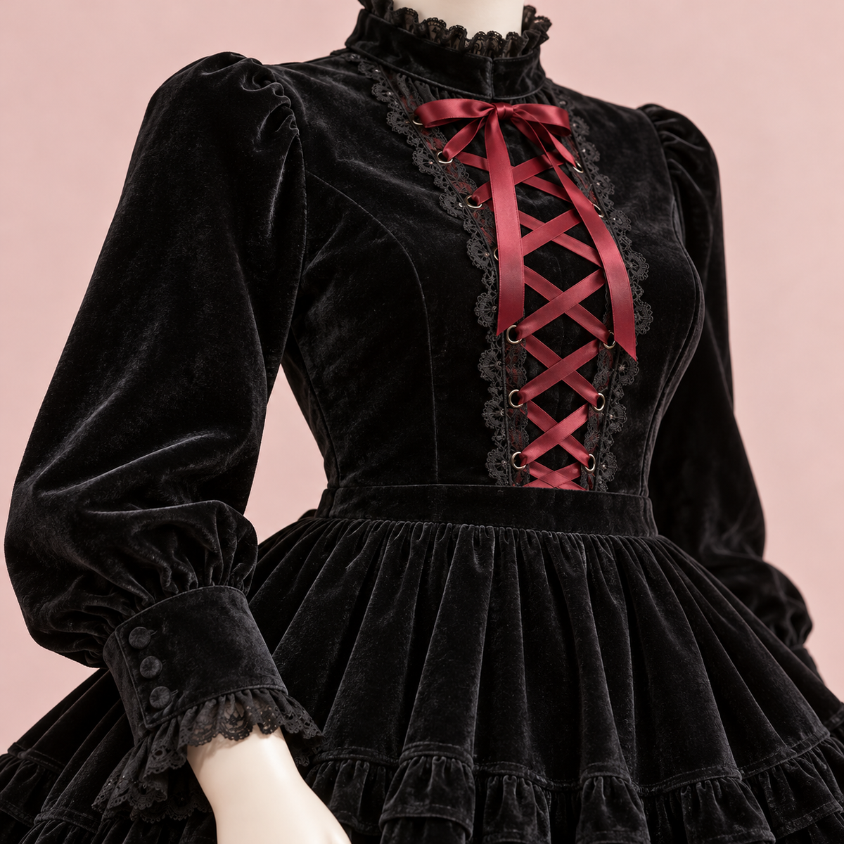 Close-up of crimson lacing and velvet-look fabric on the Gyaru dress