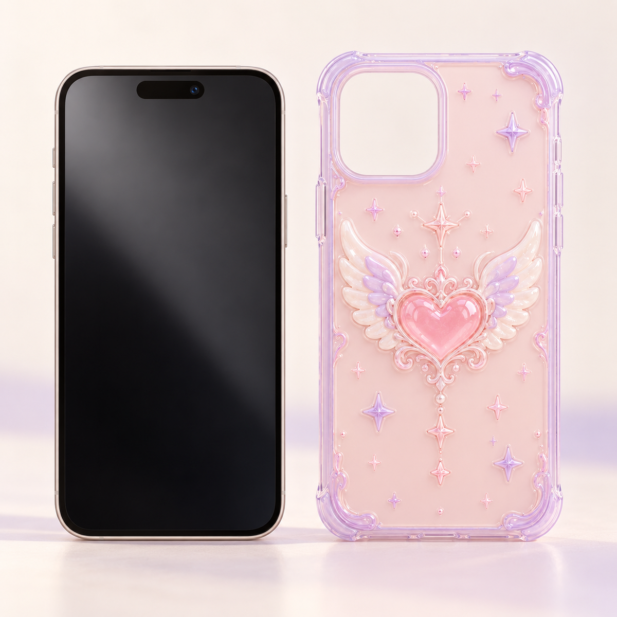Phone and matching winged heart phone case shown side by side