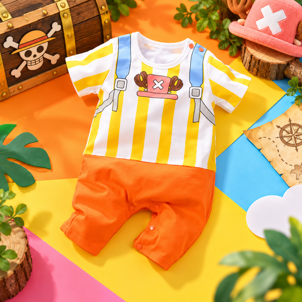 Vibrant front view of the Chopper-inspired yellow-and-white striped baby romper with orange knee-length shorts