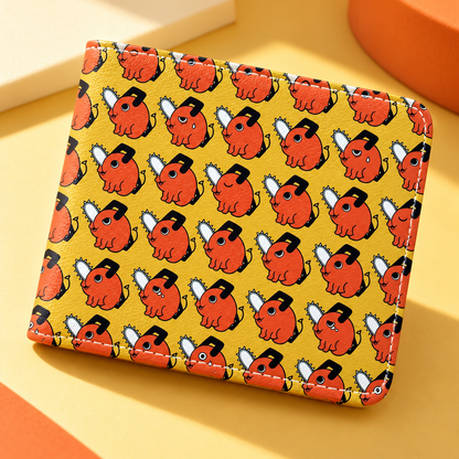Close detail of the yellow Pochita Expressions wallet pattern and texture