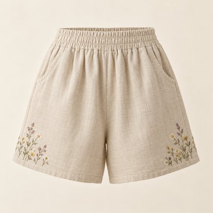 Oatmeal Mori Kei shorts with wildflower embroidery, front view