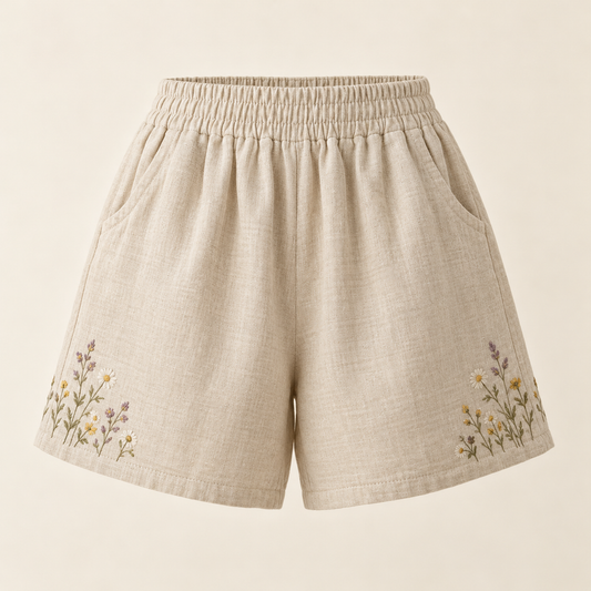 Oatmeal Mori Kei shorts with wildflower embroidery, front view