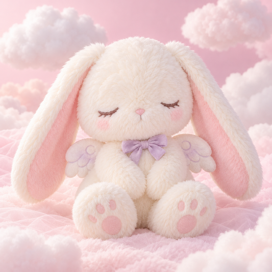 Ivory Tenshi Kawaii bunny plush with lavender bow and angel wings