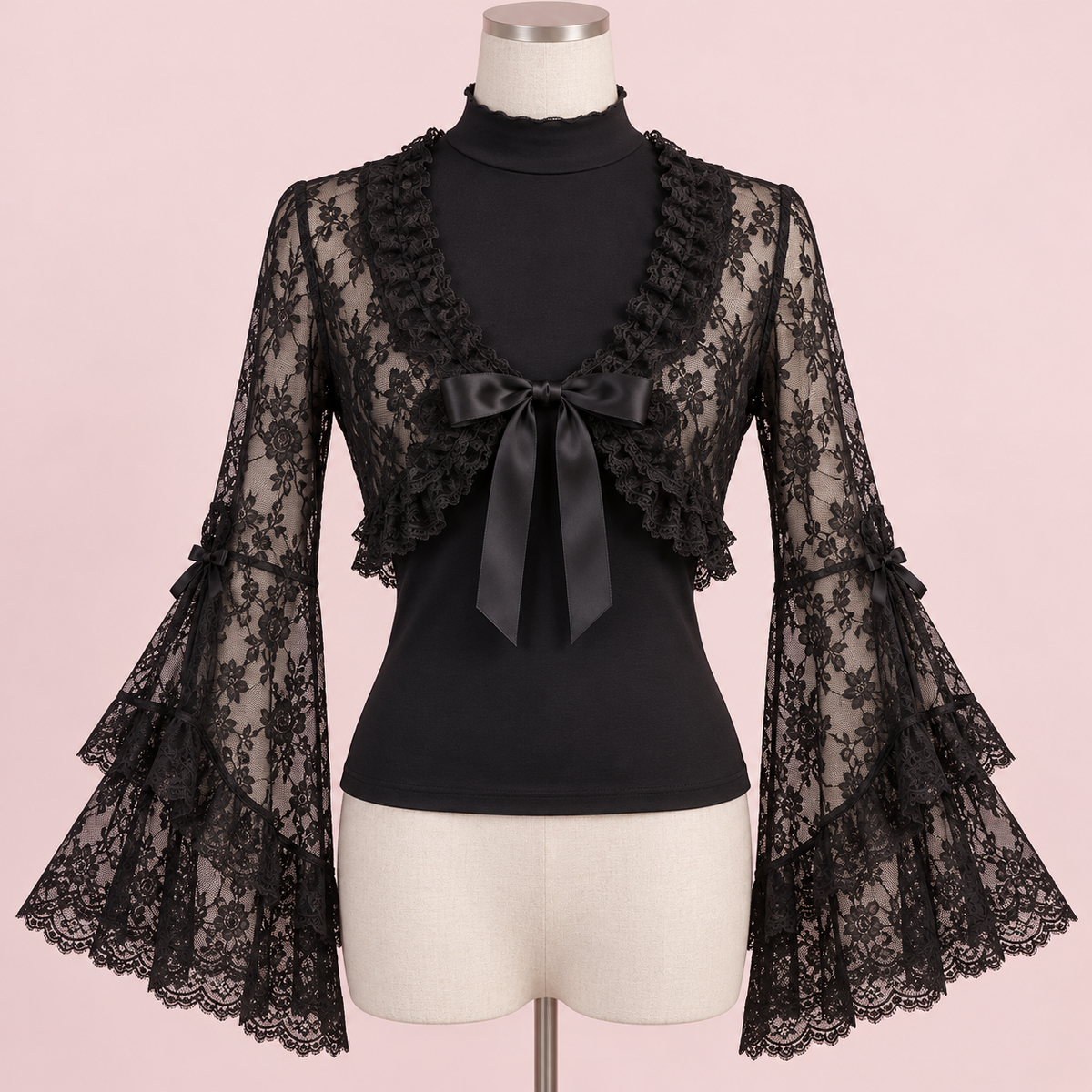 Black floral lace Gyaru bolero layered on a mannequin
