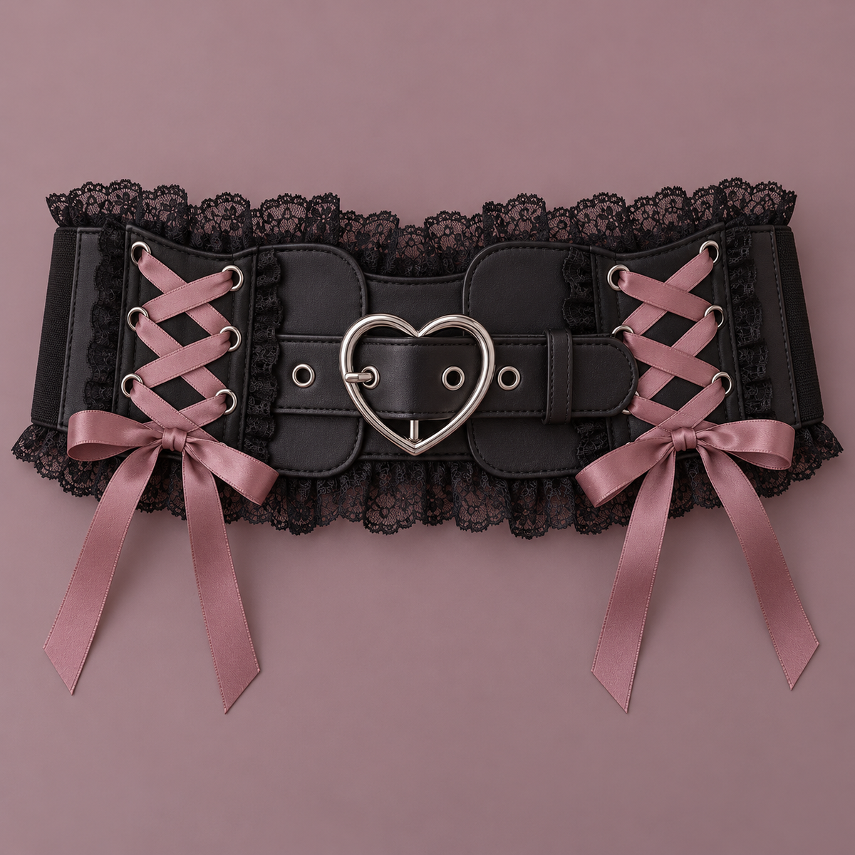 Black Jirai Kei waist belt with rose ribbon lacing and heart buckle
