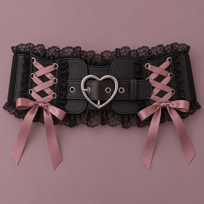 Black Jirai Kei waist belt with rose ribbon lacing and heart buckle