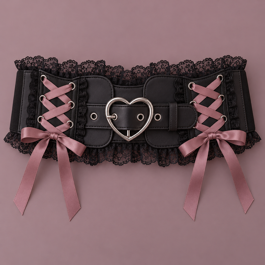 Black Jirai Kei waist belt with rose ribbon lacing and heart buckle