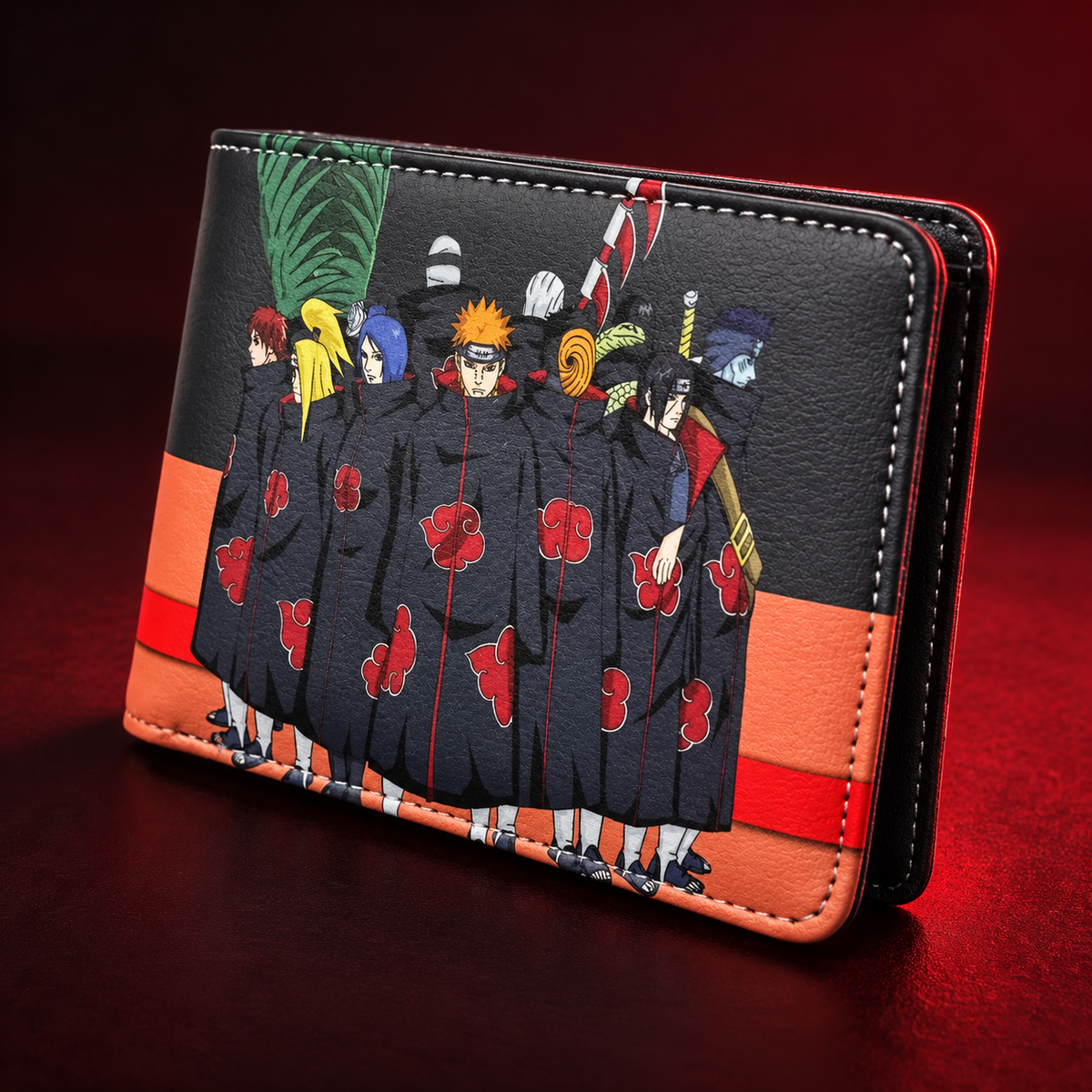 Angled closed Akatsuki Members wallet showing stitched bifold profile