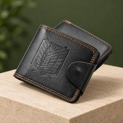 Angled AoT Leather Wallet showing charcoal PU leather and tan stitching