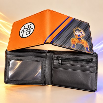 Open Goku Aura wallet showing its ID window zip pocket and card slots