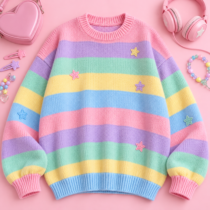 Oversized Harajuku sweater with pastel rainbow stripes and star patches