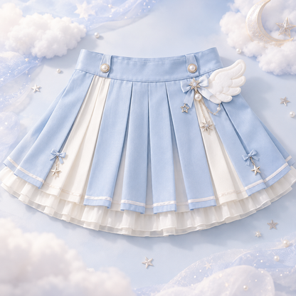 Pale blue Tenshi Kawaii pleated skirt with celestial wing details
