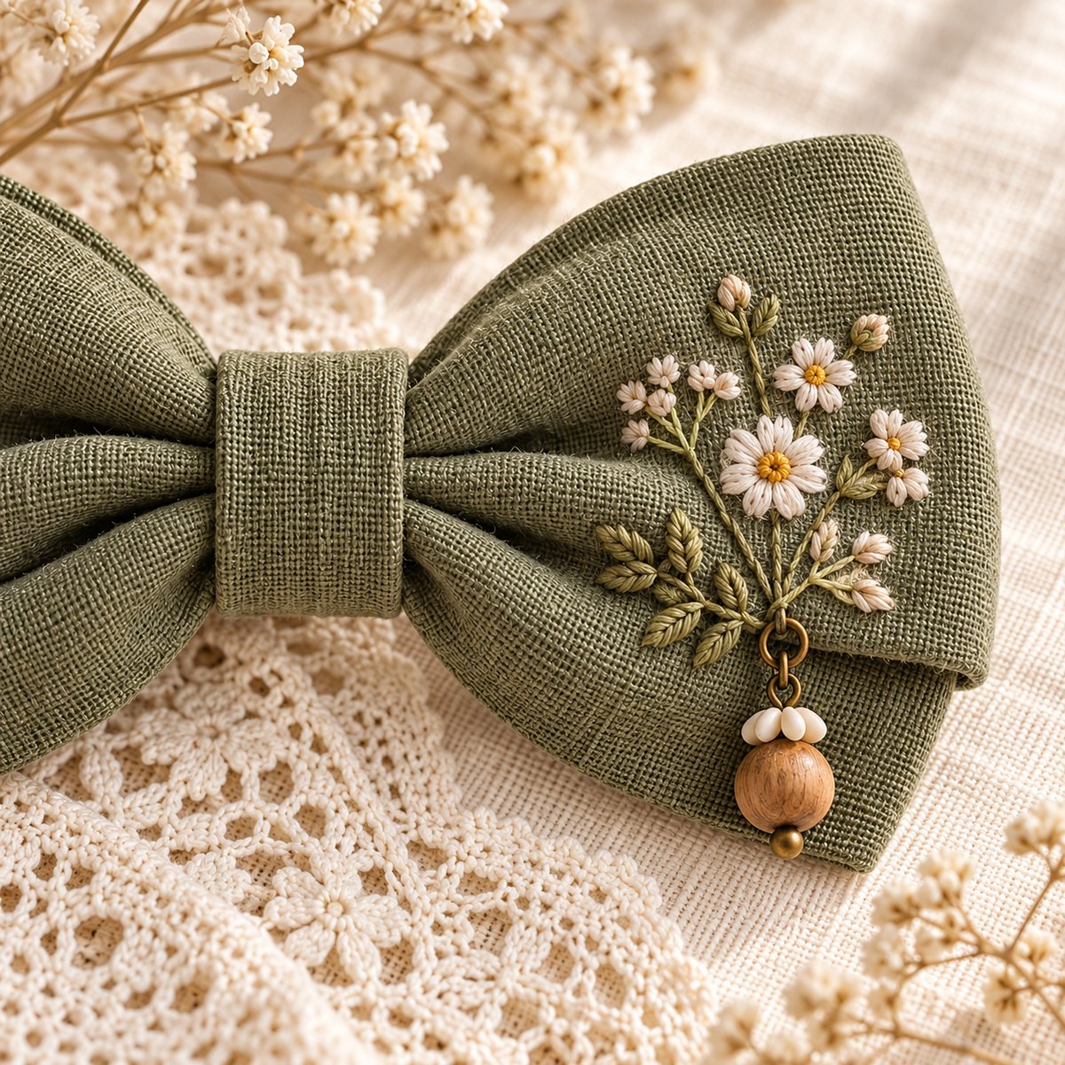 Close-up of wildflower embroidery on an olive-green Mori Kei bow barrette