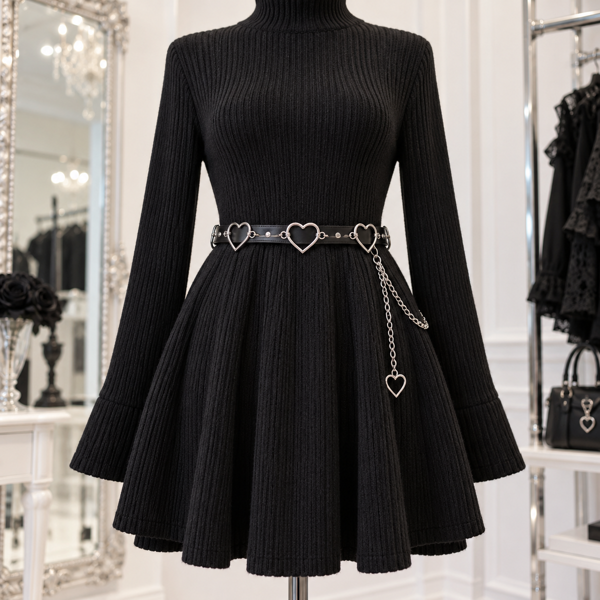 Black heart-chain belt styled on a fully clothed mannequin