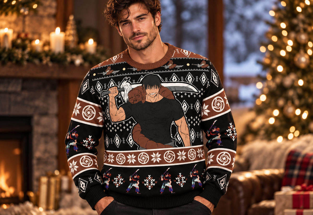 Toji anime sweater worn in a professional holiday photoshoot