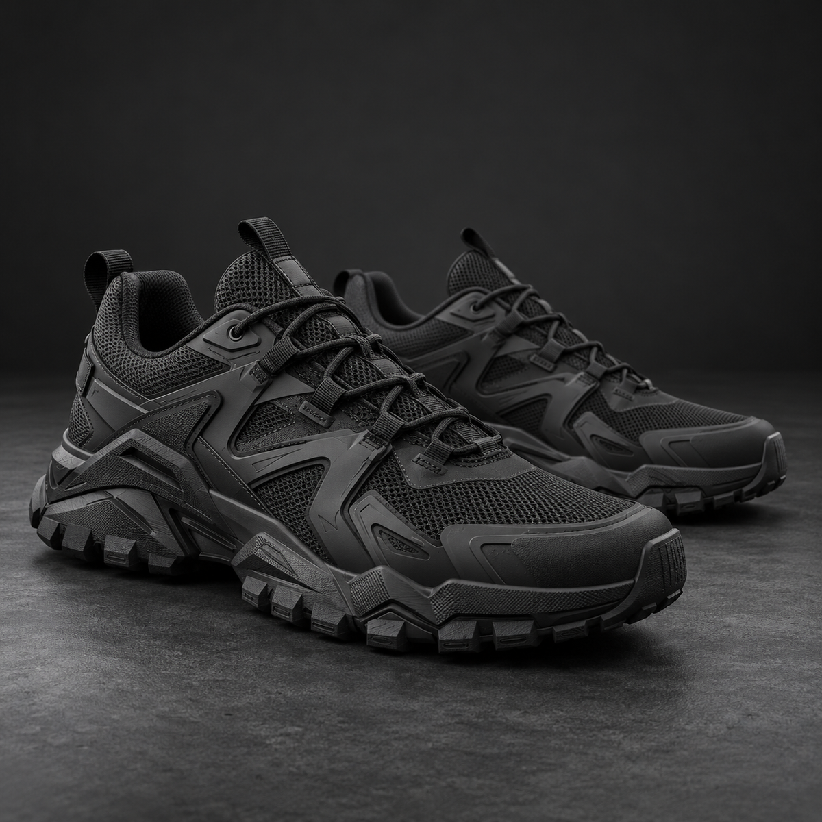 Pair of black technical mesh sneakers with layered panels and chunky rubber soles