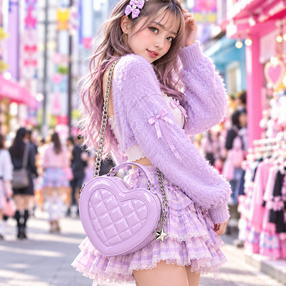 Harajuku fashion model carrying a lavender heart-shaped shoulder bag