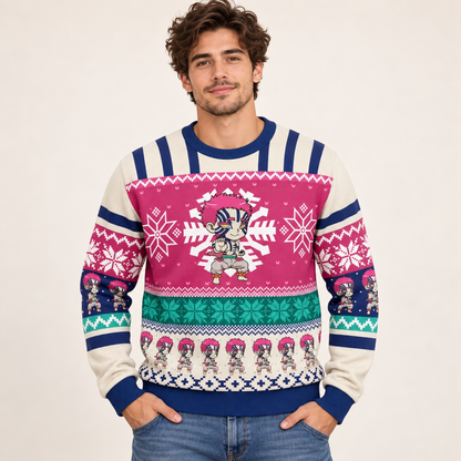 Model wearing the Akaza holiday sweater with magenta panel and navy details
