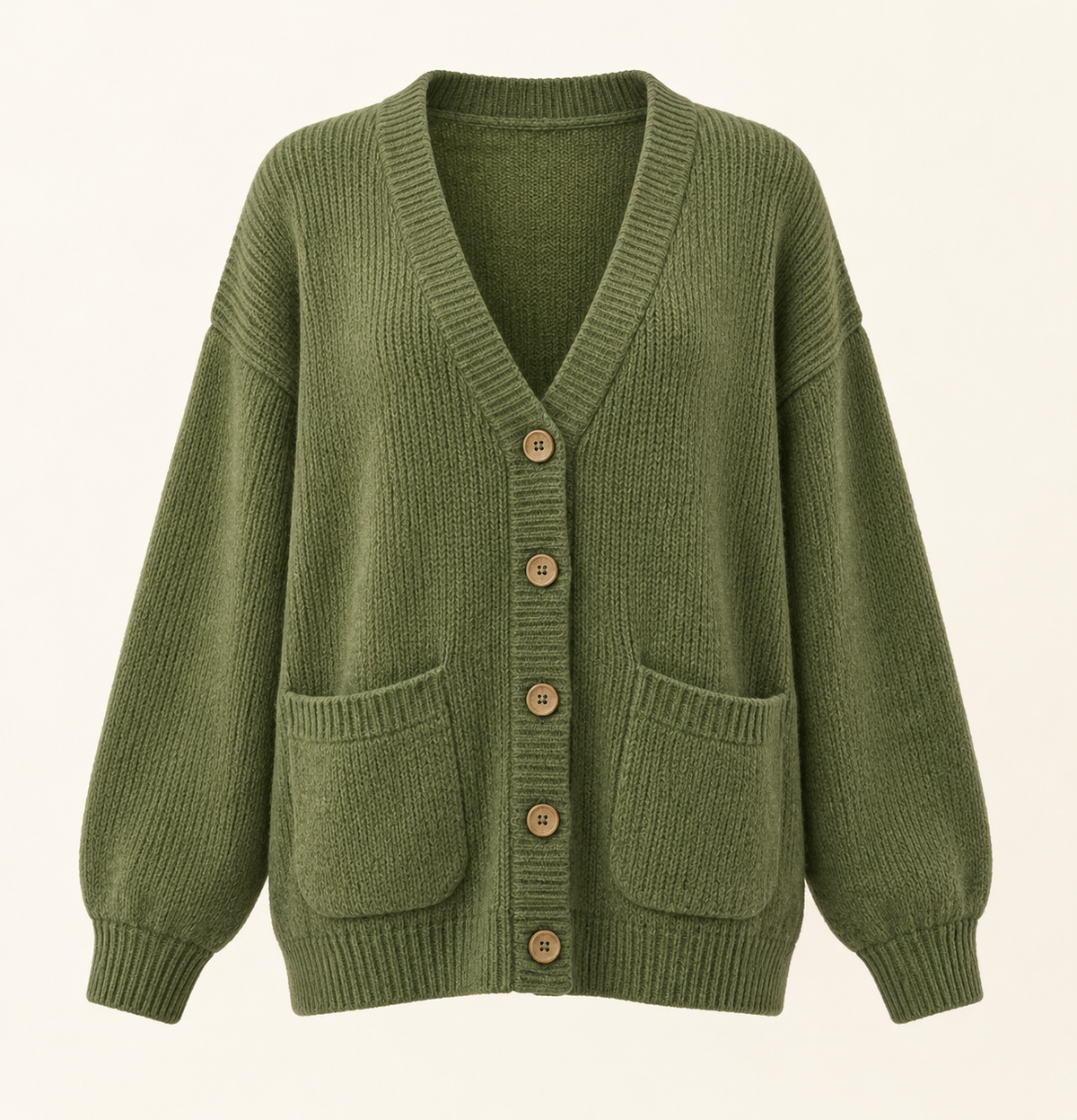 Moss green Mori Kei cardigan with patch pockets, front view
