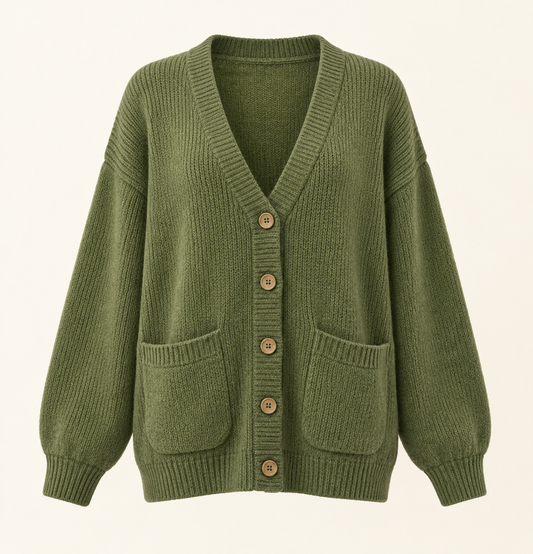 Moss green Mori Kei cardigan with patch pockets, front view