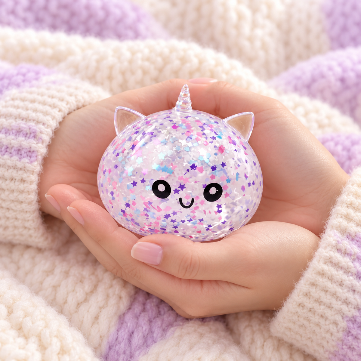 Stardust Unicorn Sparkle dumpling squishy gently held in hands