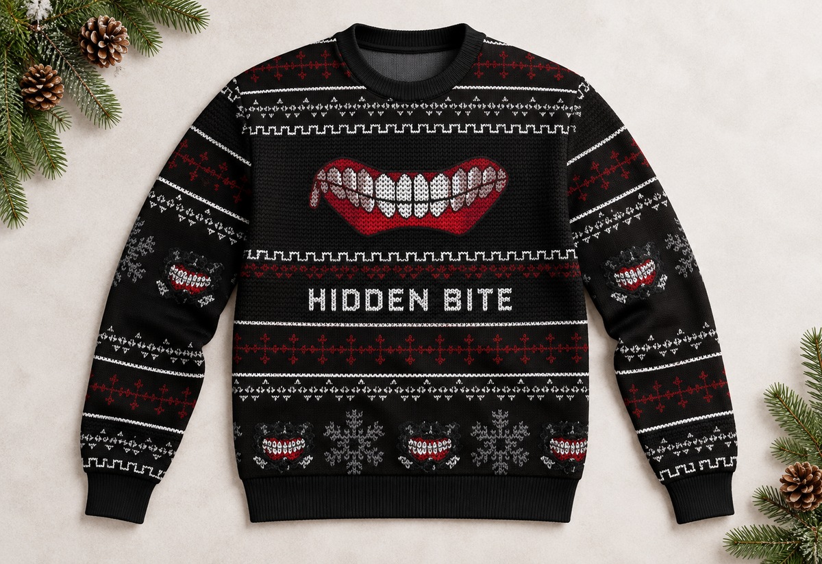 Ghoul Bite sweater arranged in a professional holiday flat lay