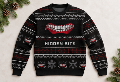 Ghoul Bite sweater arranged in a professional holiday flat lay