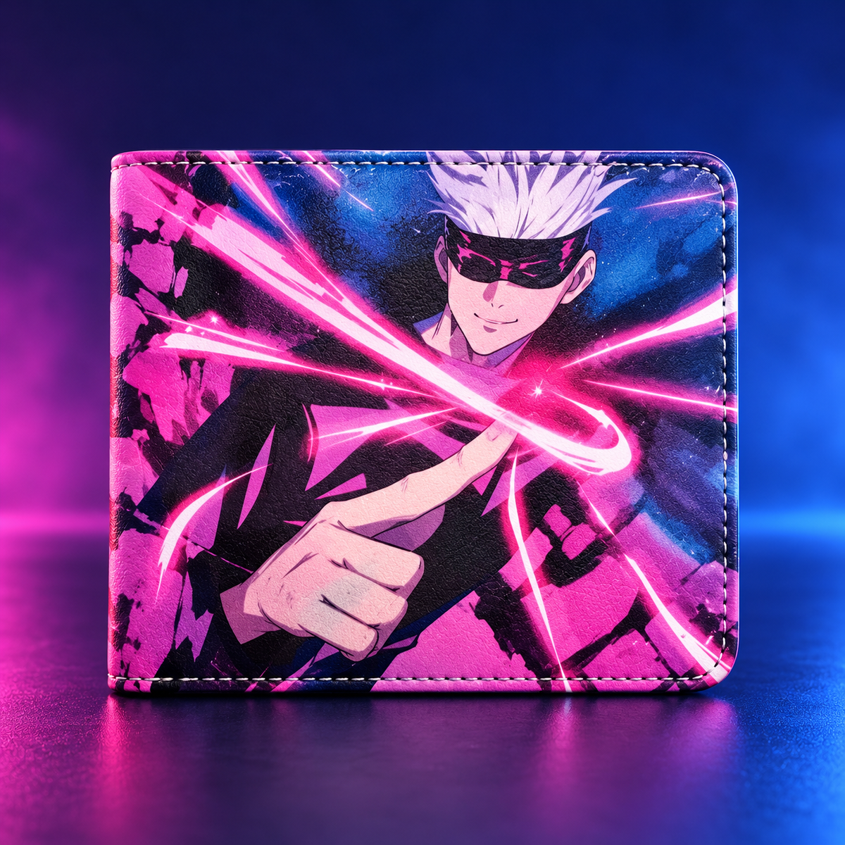 Gojo JJK wallet front view with white-haired portrait and pink energy print