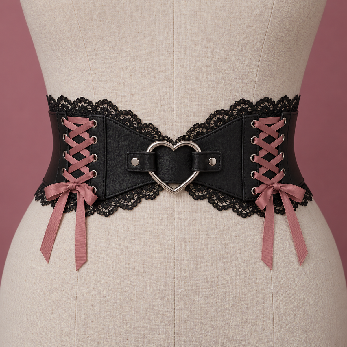 Jirai Kei waist belt with silver heart buckle on dress form