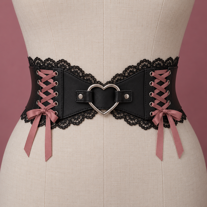 Jirai Kei waist belt with silver heart buckle on dress form