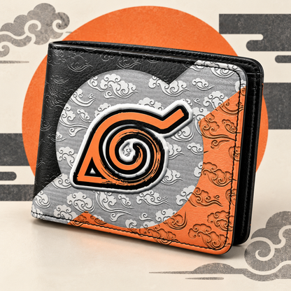 Angled Konoha Clouds wallet on cream and orange graphic display