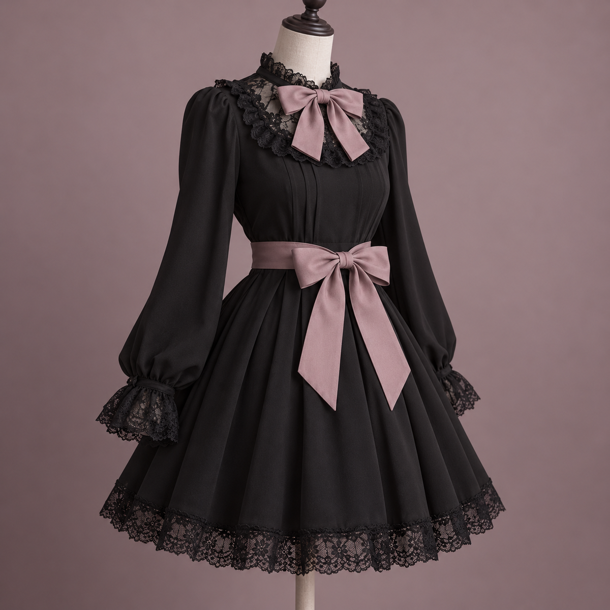 Angled view of black Jirai Kei dress with rose waist bow